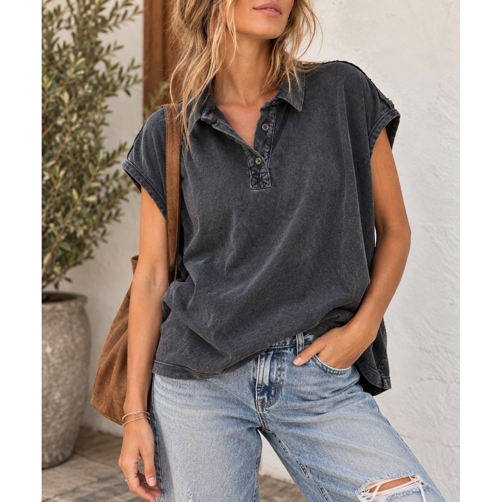 Free People We The Free Keep On Polo Top XL Black Washed Oversized Cotton